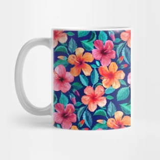 Colorful Watercolor Hibiscus on Indigo Blue Mug